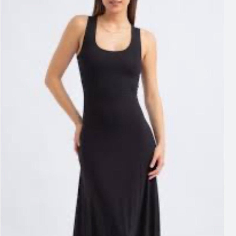 Tank-style maxi dress featuring a racerback Sleeveless Black Scoop Neck Dress